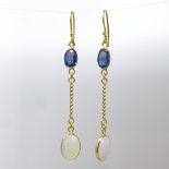 A pair of unmarked gold opal and sapphire drop earrings, set with cabochon opal and oval cut