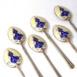 A set of 6 Art Nouveau silver gilt enamel coffee spoons, scrolled foliate decoration, by Turner