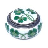 A novelty sterling silver and enamel lucky four leaf clover pill box, circular form with gilt hinged