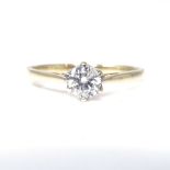 A 9ct gold 0.5ct solitaire diamond ring, 6-claw setting with openwork bridge, colour approx H,