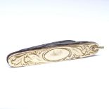 A 10ct gold mounted penknife, engraved foliate decoration with steel blades, length 47.7mm Good
