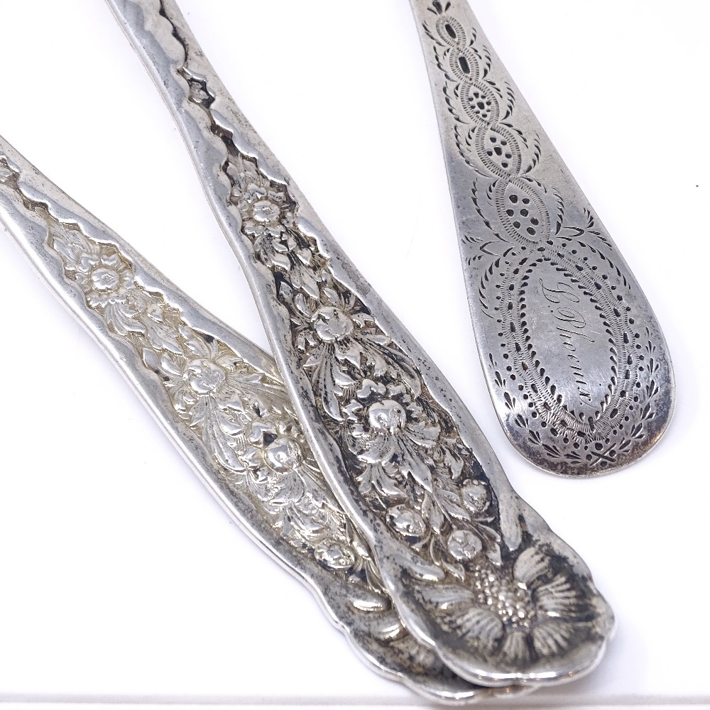 TIFFANY & CO - a pair of 19th century American sterling silver salad servers, relief floral - Image 2 of 6