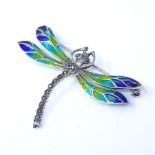 A sterling silver plique-a-jour enamel and marcasite dragonfly brooch, wingspan 56.1mm, 5.3g Very