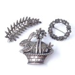 3 silver marcasite brooches, including rabbit in a basket, fern and Swedish floral roundel, basket