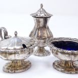 An Elizabeth II silver 3-piece cruet set, comprising mustard pot, salt cellar and pepperette,