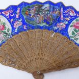 A 19th century Chinese Mandarin fan, double-sided hand painted main paper panel with applied faces