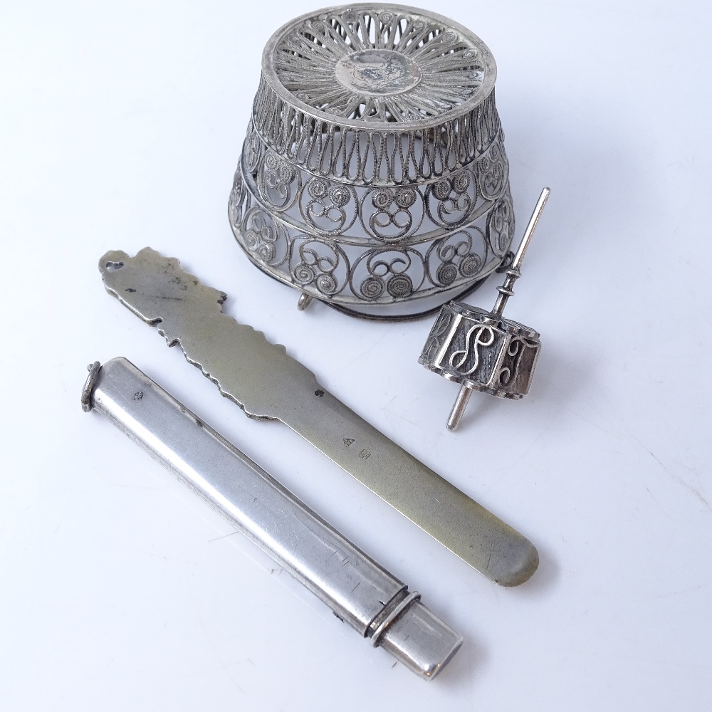 Various silver ware, including filigree basket, bookmark, dragon pencil case and spindle box, - Image 4 of 4