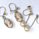 2 pairs of 9ct gold pendant earrings, including relief carved cameo and pearl, cameo panel height