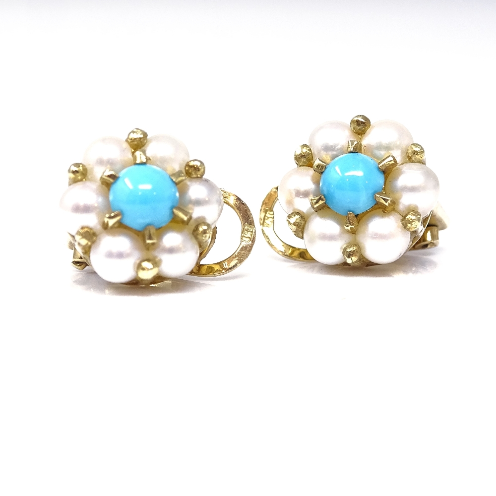 A pair of 18ct gold turquoise and pearl cluster clip-on earrings, cluster height 12mm, 6.3g Very