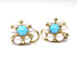 A pair of 18ct gold turquoise and pearl cluster clip-on earrings, cluster height 12mm, 6.3g Very
