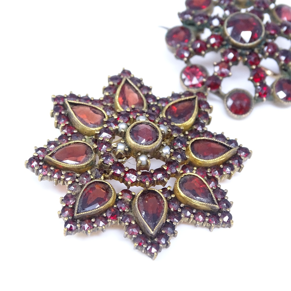 2 Victorian gilt metal garnet cluster brooches, one set with split pearls and rose-cut garnets, - Image 2 of 5