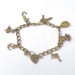A 9ct gold curb link heart padlock charm bracelet, with 7 9ct charms, maker's marks ASJ, hallmarks