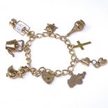 A 9ct gold curb-link heart-padlock charm bracelet, with 8 9ct charms, bracelet length 17cm, 32g