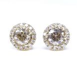 A pair of 14ct gold 1.22ct light brownish yellow diamond cluster earrings, with stud fittings,