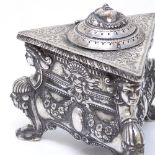 A 19th century Austro-Hungarian cast-silver inkwell, triangular form with Empire-style decoration,