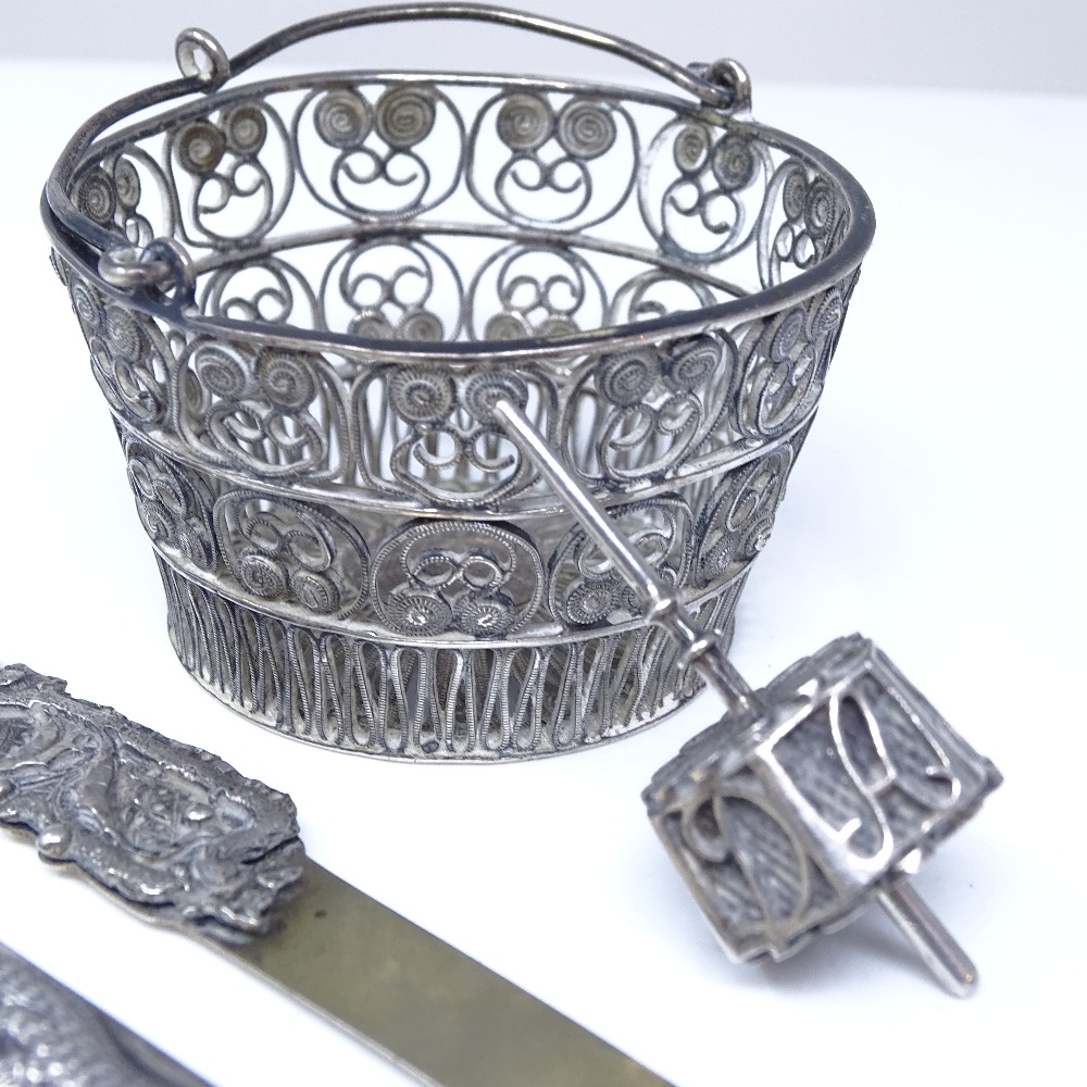 Various silver ware, including filigree basket, bookmark, dragon pencil case and spindle box, - Image 3 of 4