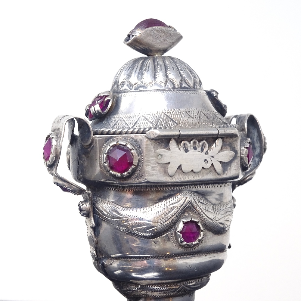 A Danish unmarked silver ruby marriage box, hinged lid and base with bright-cut swag decoration, - Image 3 of 5