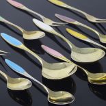 FRIGAST - a Vintage set of Danish vermeil sterling silver and harlequin enamel cutlery, comprising