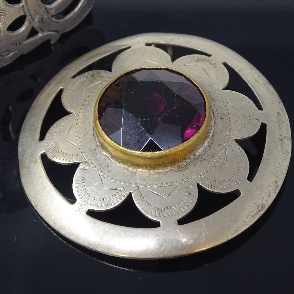 A Scandinavian unmarked silver Viking Revival belt buckle, and a Scottish silver plated amethyst - Image 3 of 5