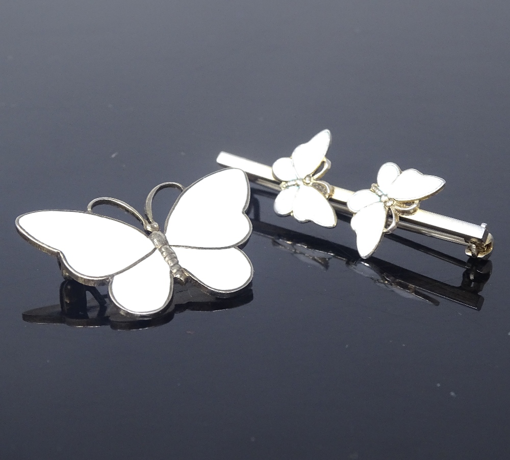 VOLMER BAHNER - 2 Vintage Danish vermeil sterling silver and white enamel butterfly brooches, single