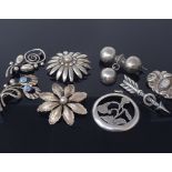 HERMANN SIERSBOL - 4 Vintage Danish sterling silver floral brooches, 3 other Scandinavian silver