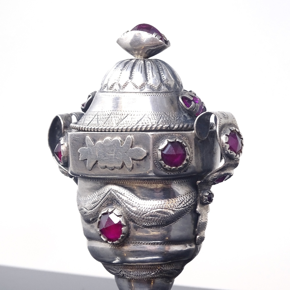 A Danish unmarked silver ruby marriage box, hinged lid and base with bright-cut swag decoration, - Image 2 of 5