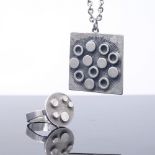 R TENN - a Swedish pewter modernist abstract pendant necklace, and a similar stylised silver ring