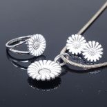 A Danish sterling silver and white enamel demi-parure, comprising pendant necklace, ring and pair of