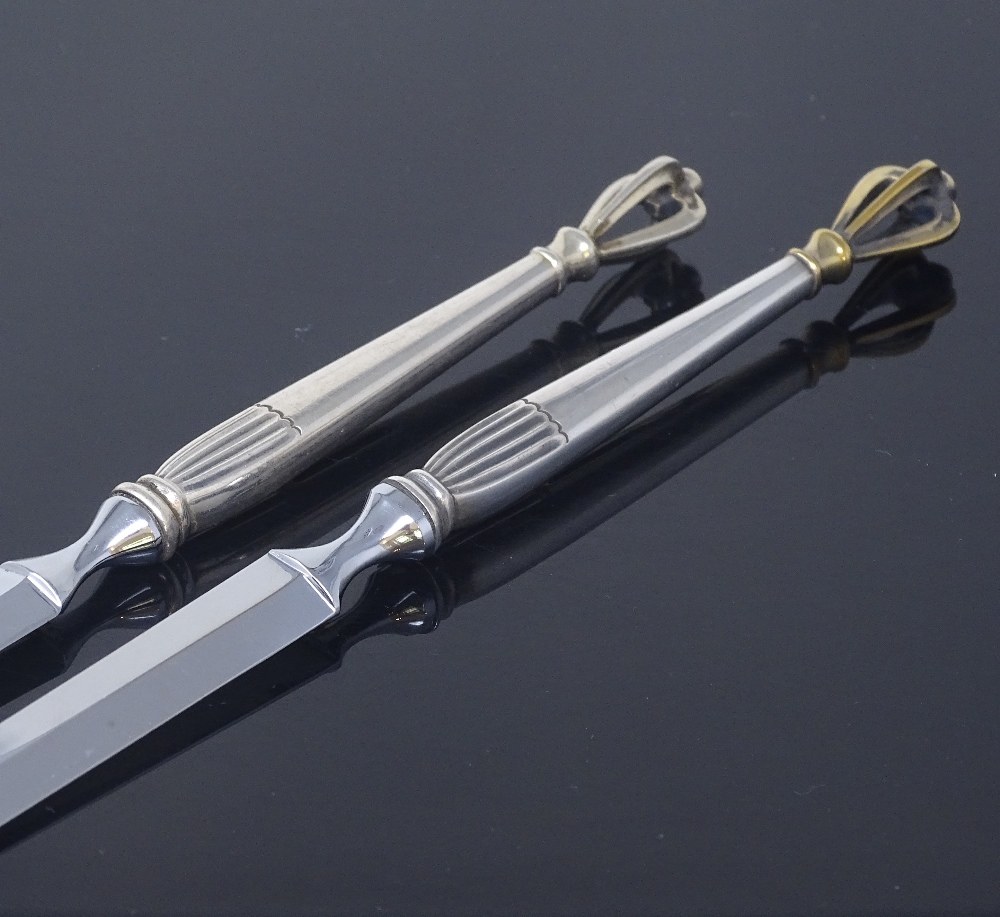 W&S SORENSEN - a pair of Danish sterling silver handled letter openers, Danish crown pommels with