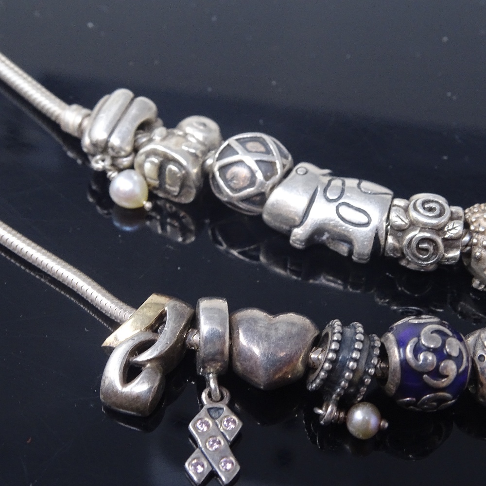 14 Pandora silver charms, on 2 unnamed sterling silver snake-link necklaces, necklace lengths 50cm - Image 3 of 5