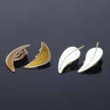 VOLMER BAHNER - a pair of Danish vermeil sterling silver and white enamel leaf clip earrings, and