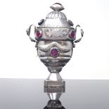 A Danish unmarked silver ruby marriage box, hinged lid and base with bright-cut swag decoration,
