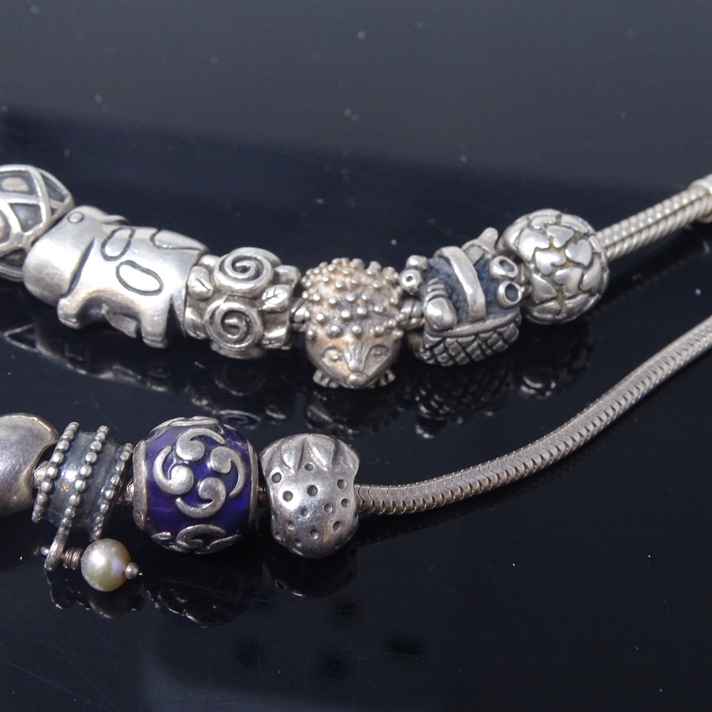 14 Pandora silver charms, on 2 unnamed sterling silver snake-link necklaces, necklace lengths 50cm - Image 4 of 5