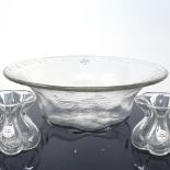 GLASI HERGISWIL - a Swiss clear glass fruit bowl and pair of small vases, original paper labels,