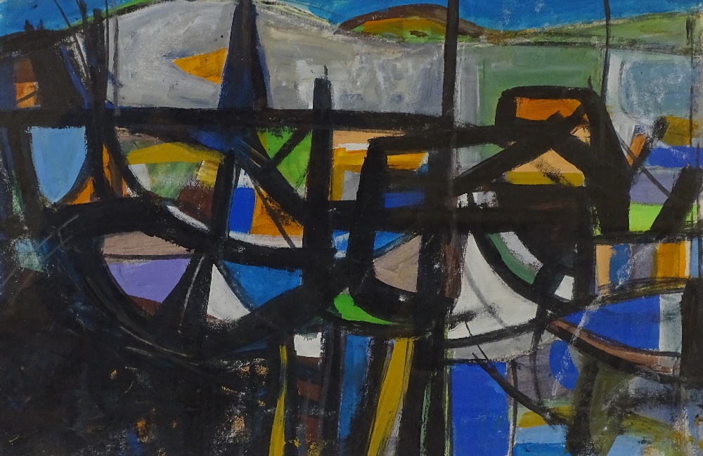 20th Century British school gouache and chalk on paper, abstract boat forms, unsigned, 12" x 18",