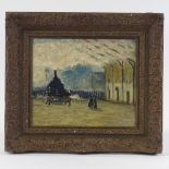 Impressionist oil on board, steam train in station, unsigned, 12.5" x 15", framed surface dirt, in