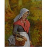 19th century oil on canvas of woman gathering eggs, unsigned, 19" x 15.5", framed good condition