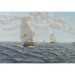 20th century British school, oil on board, three clippers in full sail off coast, unsigned, 21" x