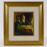 K Kchurian, modern oil on board, interior scene of two Jewish gentlemen, signed, 12" x 9.5",