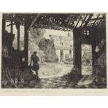 J William Hepburn, etching, WWI scene, chateau Rue de Buequois. HebuTerne, June 1916, signed, 5" x