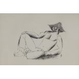 Follower of Ossip Zadkine, ink study of reclining figure in straw hat, signed, 12" x 18", framed