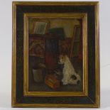 19th /20th century oil on canvas of a terrier by a stove, titled "Rover", indistinctly sigend, 15" x