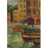 Mid 20th century, oil on board, Southern European harbour scene, indistinctly signed, 23" x 15",