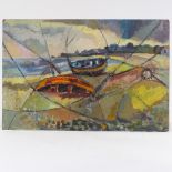 mid 20th century, oil on board, British School Cubist / abstract boats on beach, unsigned, 16" x