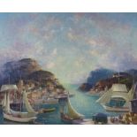 Walter Affroville Le Wino (1887-1959), oil on canvas, extensive French/Corsican harbour scene,