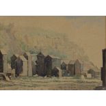 Early 20th century watercolour, the net huts at Hastings, indistinctly signed, 11" x 14", framed