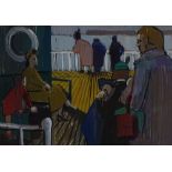 20th Century gouache on paper, figures on ferry, unsigned, 9" x 13", framed Good condition