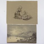 19th Century Italian school, graphite and ink wash, 3 character studies, 13" x 10" and 1 landscape