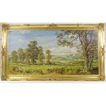 W Howells, oil on canvas, South Downs landscape near Selmeston, Sussex, signed 19" x 39", framed