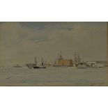 David Addey (b.1933) Watercolour Naval scene Portsmouth, HMAS Brisbane and HMAS Melbourne, Queen's